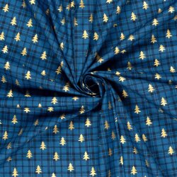 Baumwollpopeline Foliendruck Tannen kariert - dunkelblau