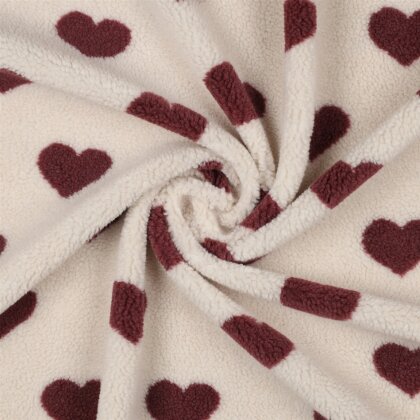 Teddystoff dunkelrote Herzen - creme