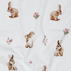 Baumwolljersey Digital Hasen und Blumen - weiß