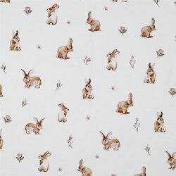 Baumwolljersey Digital Hasen und Blumen - weiß