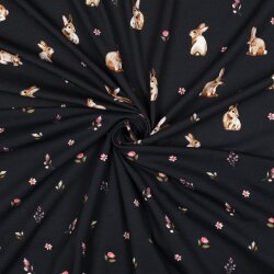 Baumwolljersey Digital Hasen und Blumen - dunkelblau