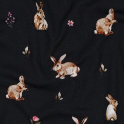 Baumwolljersey Digital Hasen und Blumen - dunkelblau
