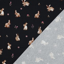 Baumwolljersey Digital Hasen und Blumen - dunkelblau