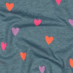 Baumwolljersey Neon Herzen - rauchblau meliert