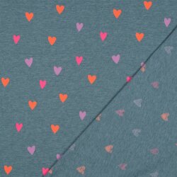 Baumwolljersey Neon Herzen - rauchblau meliert