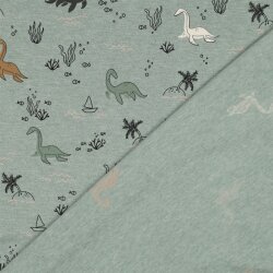 Baumwolljersey Melange Wasser Dinos - altmint meliert