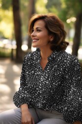 Polyesterjersey Blumen - schwarz