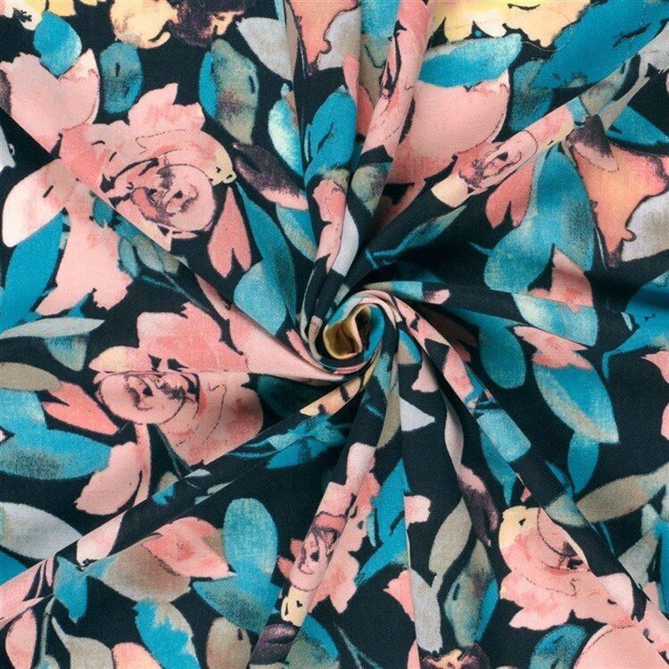 Polyesterstoff mit Leinenoptik Aquarellblumen - dunkelblau