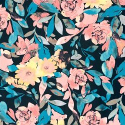 Polyesterstoff mit Leinenoptik Aquarellblumen - dunkelblau