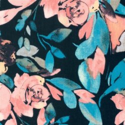 Polyesterstoff mit Leinenoptik Aquarellblumen - dunkelblau