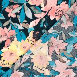 Polyesterstoff mit Leinenoptik Aquarellblumen - dunkelblau