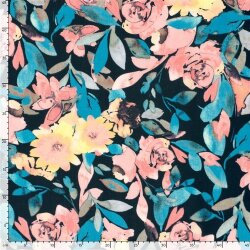 Polyesterstoff mit Leinenoptik Aquarellblumen - dunkelblau