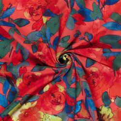 Polyesterstoff mit Leinenoptik Aquarellblumen - dunkelrot