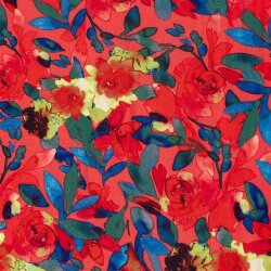 Polyesterstoff mit Leinenoptik Aquarellblumen - dunkelrot