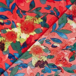 Polyesterstoff mit Leinenoptik Aquarellblumen - dunkelrot