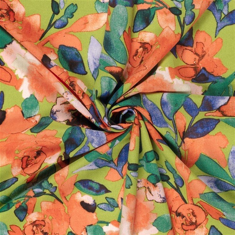 Polyesterstoff mit Leinenoptik Aquarellblumen - limette