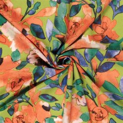 Polyesterstoff mit Leinenoptik Aquarellblumen - limette