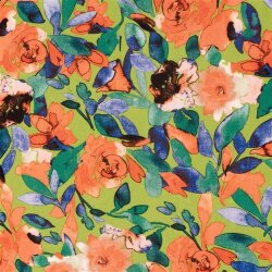 Polyesterstoff mit Leinenoptik Aquarellblumen - limette