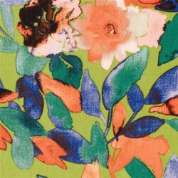Polyesterstoff mit Leinenoptik Aquarellblumen - limette