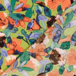 Polyesterstoff mit Leinenoptik Aquarellblumen - limette
