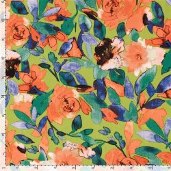 Polyesterstoff mit Leinenoptik Aquarellblumen - limette