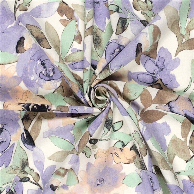 Polyesterstoff mit Leinenoptik Aquarellblumen - creme