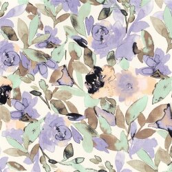 Polyesterstoff mit Leinenoptik Aquarellblumen - creme