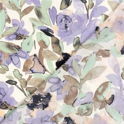 Polyesterstoff mit Leinenoptik Aquarellblumen - creme