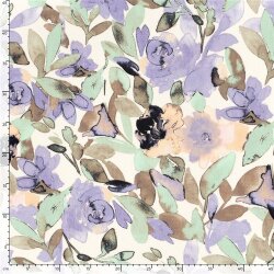 Polyesterstoff mit Leinenoptik Aquarellblumen - creme