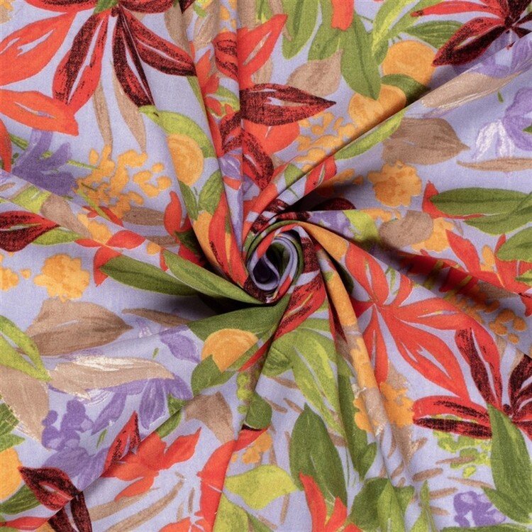 Polyesterstoff mit Leinenoptik Blumen - helllila