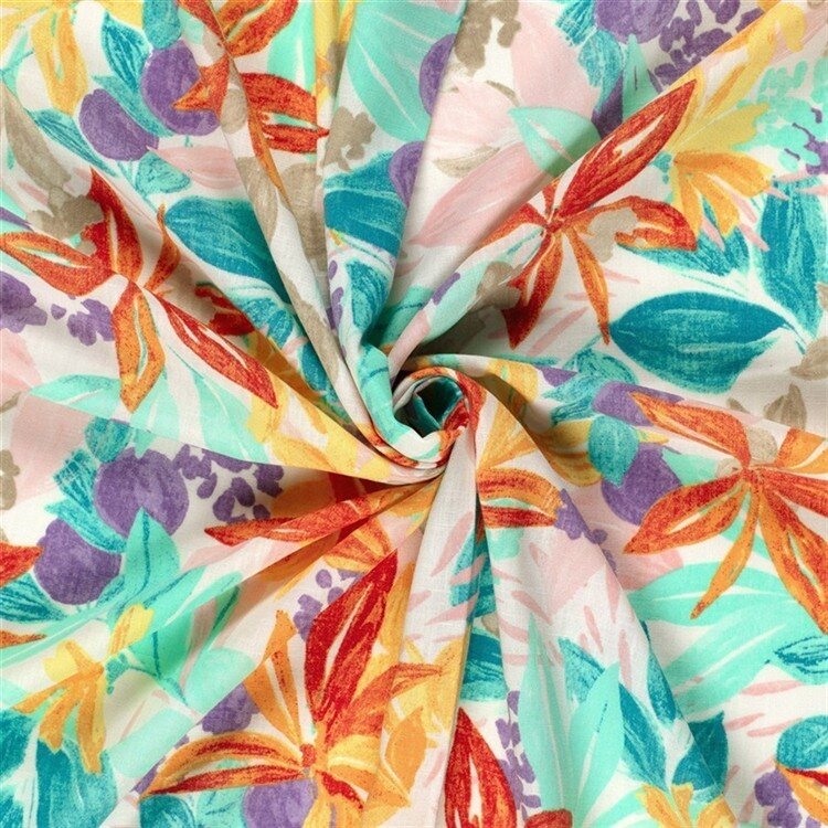 Polyesterstoff mit Leinenoptik Blumen - creme