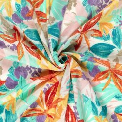 Polyesterstoff mit Leinenoptik Blumen - creme