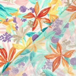 Polyesterstoff mit Leinenoptik Blumen - creme