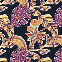 Polyesterstoff Bubble Slub  LEAVES - schwarz