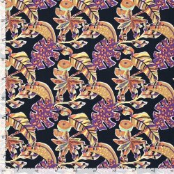Polyesterstoff Bubble Slub  LEAVES - schwarz