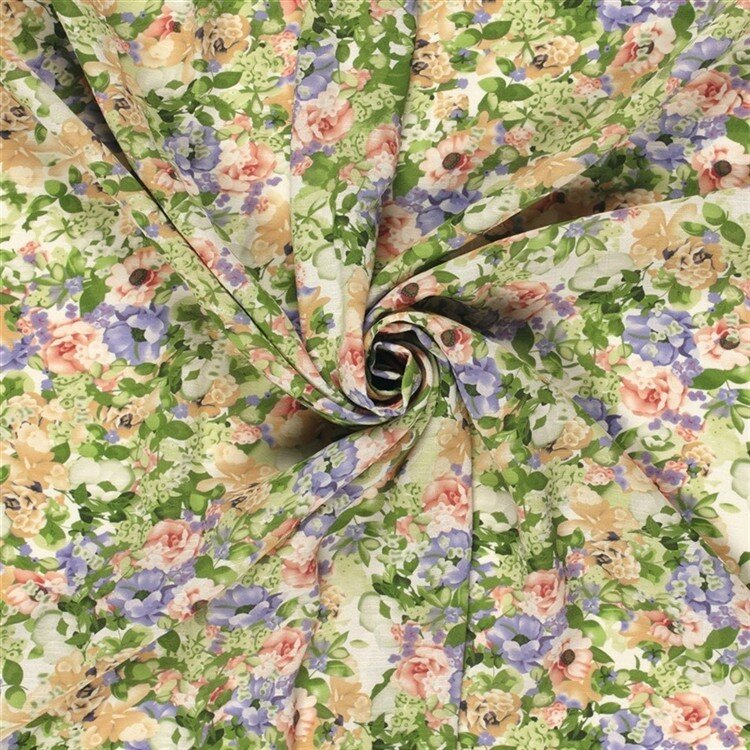Polyesterstoff Bubble Slub Aquarellblumen - limette