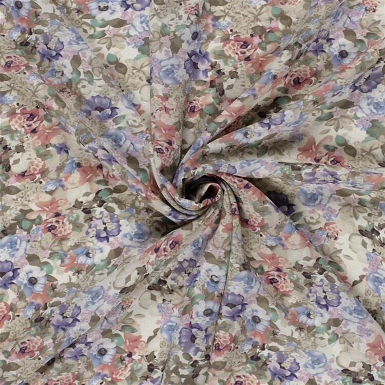 Polyesterstoff Bubble Slub Aquarellblumen - dunkelbeige