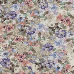 Polyesterstoff Bubble Slub Aquarellblumen - dunkelbeige