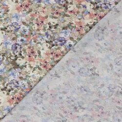 Polyesterstoff Bubble Slub Aquarellblumen - dunkelbeige