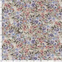 Polyesterstoff Bubble Slub Aquarellblumen - dunkelbeige