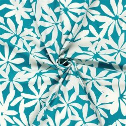 Baumwollsatin Stretch weisse Blumen - türkis