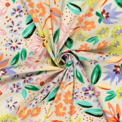 Baumwollsatin Stretch bunte Blumen - hellbeige