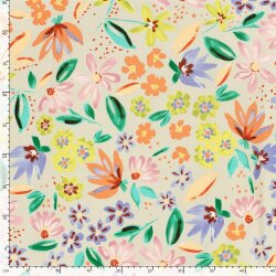 Baumwollsatin Stretch bunte Blumen - hellbeige