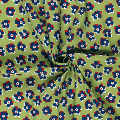 Baumwollsatin Stretch blaue Blüten - limette