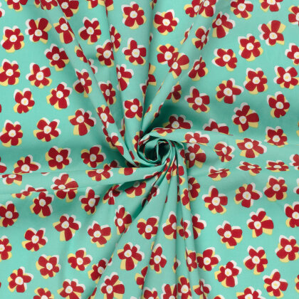 Baumwollsatin Stretch rote Blüten - wasserblau