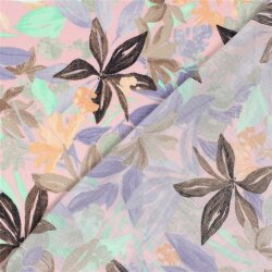 Polyesterstoff mit Leinenoptik Blumen - hellrosa