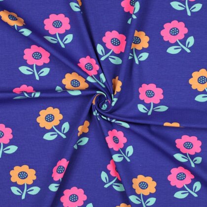 Baumwolljersey Neon Blumen - kobaltblau