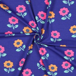 Baumwolljersey Neon Blumen - kobaltblau