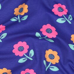 Baumwolljersey Neon Blumen - kobaltblau