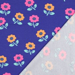 Baumwolljersey Neon Blumen - kobaltblau